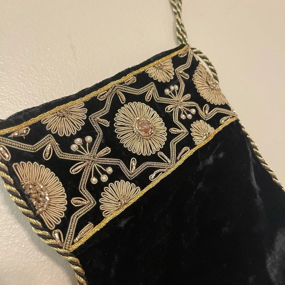 Neiman Marcus Precious Stone Gold Embroidered Velvet Christmas‎ Stocking Sudha